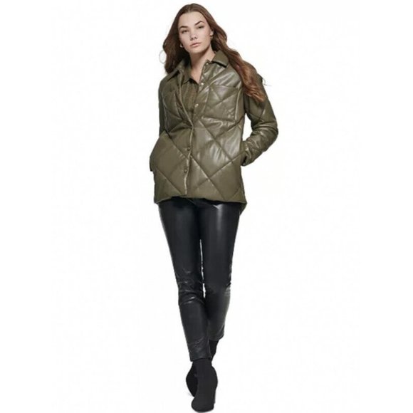 Calvin Klein Women's Faux Leather  Button Front Quilted Jacket Olive  S - Picture 1 of 7